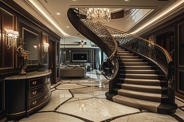Transport observers into the heart of sophistication with a detailed shot of a luxury home's interior, featuring a meticulously designed intertwining staircase