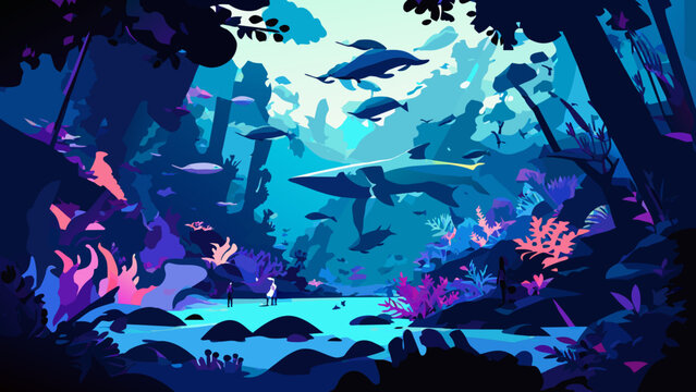 Surreal underwater worlds with mermaids. vektor icon illustation