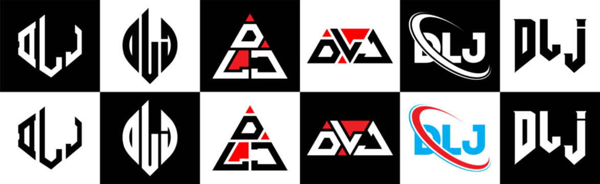 DLJ letter logo design in six style. DLJ polygon, circle, triangle, hexagon, flat and simple style with black and white color variation letter logo set in one artboard. DLJ minimalist and classic logo