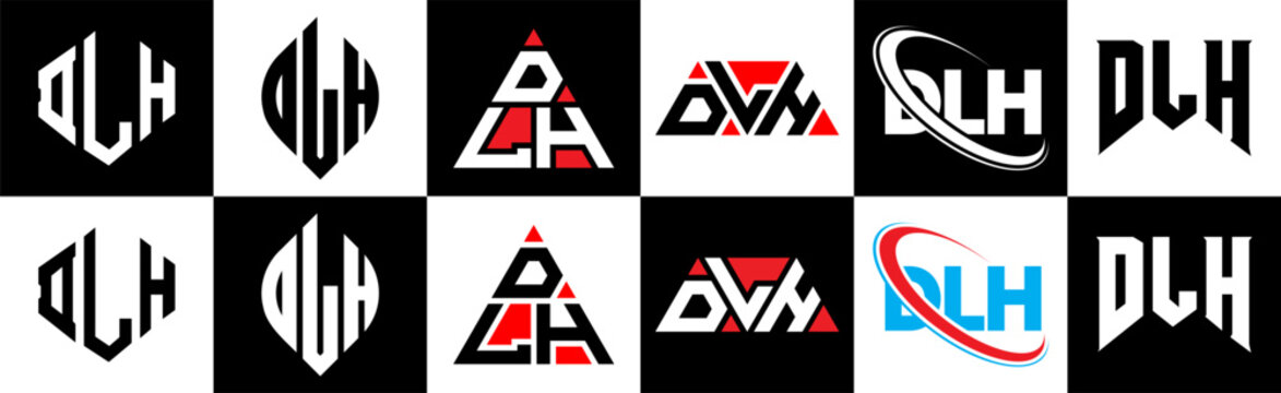 DLH letter logo design in six style. DLH polygon, circle, triangle, hexagon, flat and simple style with black and white color variation letter logo set in one artboard. DLH minimalist and classic logo