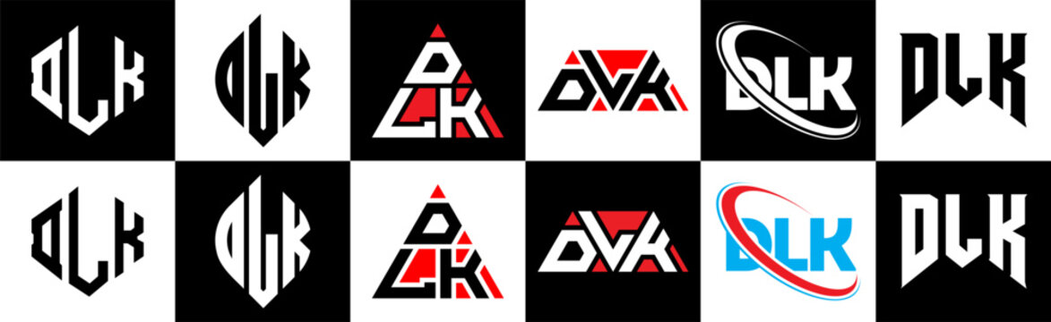 DLK letter logo design in six style. DLK polygon, circle, triangle, hexagon, flat and simple style with black and white color variation letter logo set in one artboard. DLK minimalist and classic logo
