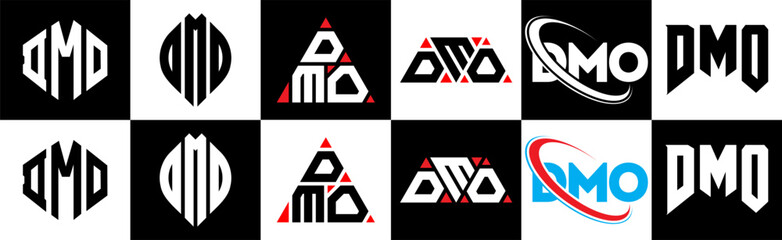 DMO letter logo design in six style. DMO polygon, circle, triangle, hexagon, flat and simple style with black and white color variation letter logo set in one artboard. DMO minimalist and classic logo