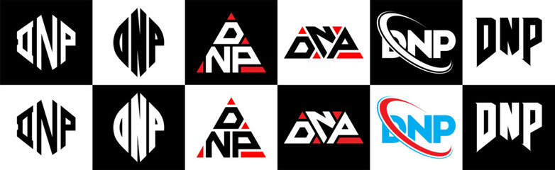 DNP letter logo design in six style. DNP polygon, circle, triangle, hexagon, flat and simple style with black and white color variation letter logo set in one artboard. DNP minimalist and classic logo