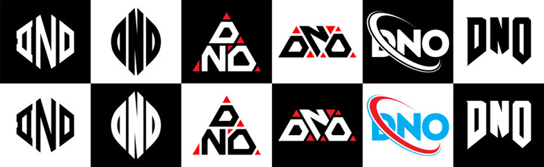 DNO letter logo design in six style. DNO polygon, circle, triangle, hexagon, flat and simple style with black and white color variation letter logo set in one artboard. DNO minimalist and classic logo - obrazy, fototapety, plakaty