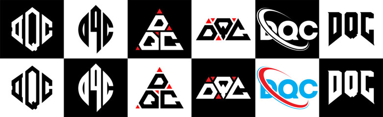 DQC letter logo design in six style. DQC polygon, circle, triangle, hexagon, flat and simple style with black and white color variation letter logo set in one artboard. DQC minimalist and classic logo