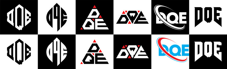 DQE letter logo design in six style. DQE polygon, circle, triangle, hexagon, flat and simple style with black and white color variation letter logo set in one artboard. DQE minimalist and classic logo