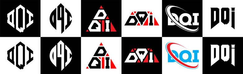 DQI letter logo design in six style. DQI polygon, circle, triangle, hexagon, flat and simple style with black and white color variation letter logo set in one artboard. DQI minimalist and classic logo