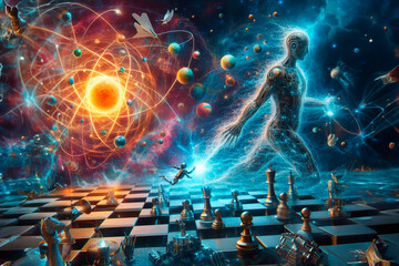 Artificial intelligence embarks on a cosmic chess journey amidst celestial bodies