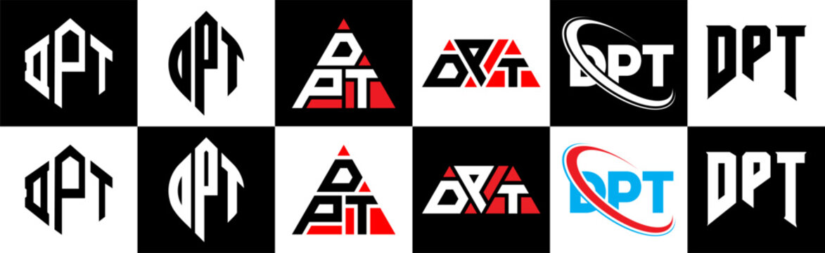 DPT letter logo design in six style. DPT polygon, circle, triangle, hexagon, flat and simple style with black and white color variation letter logo set in one artboard. DPT minimalist and classic logo