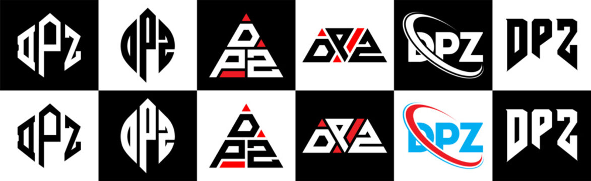 DPZ letter logo design in six style. DPZ polygon, circle, triangle, hexagon, flat and simple style with black and white color variation letter logo set in one artboard. DPZ minimalist and classic logo