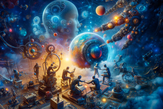 Artificial intelligence exploring a cosmic setting with human interaction amidst mechanical devices and celestial bodies