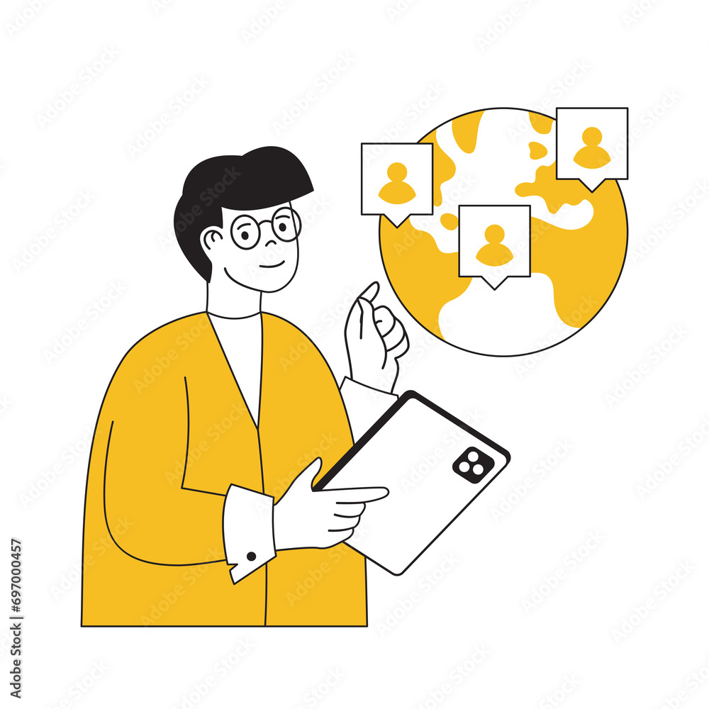 Poster digital business concept with cartoon people in flat design for web. man developing e-business shop 