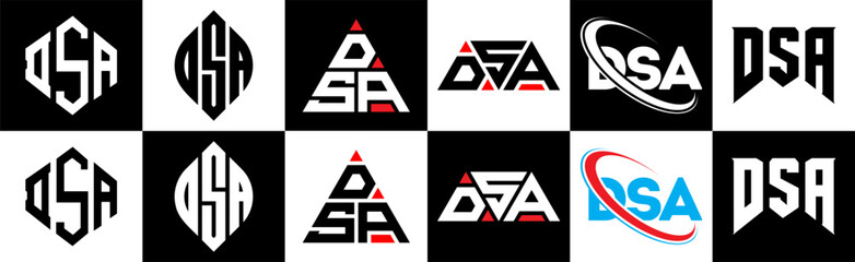 DSA letter logo design in six style. DSA polygon, circle, triangle, hexagon, flat and simple style with black and white color variation letter logo set in one artboard. DSA minimalist and classic logo