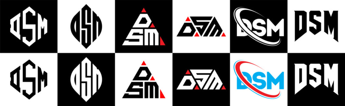 DSM letter logo design in six style. DSM polygon, circle, triangle, hexagon, flat and simple style with black and white color variation letter logo set in one artboard. DSM minimalist and classic logo