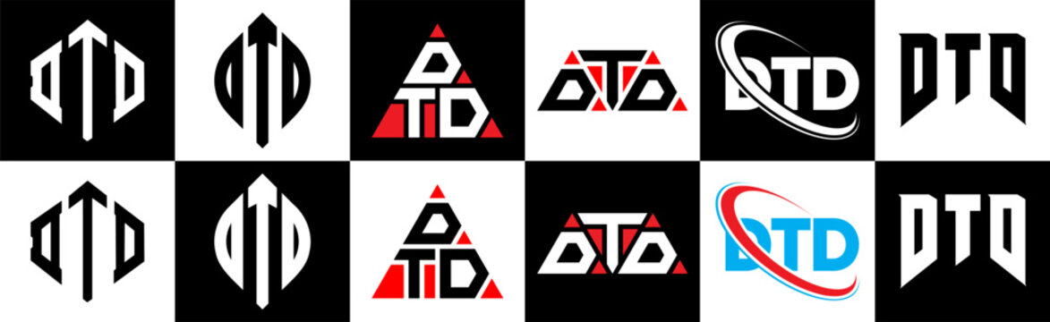 DTD letter logo design in six style. DTD polygon, circle, triangle, hexagon, flat and simple style with black and white color variation letter logo set in one artboard. DTD minimalist and classic logo