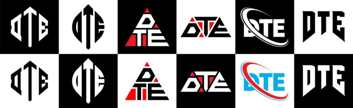 DTE letter logo design in six style. DTE polygon, circle, triangle, hexagon, flat and simple style with black and white color variation letter logo set in one artboard. DTE minimalist and classic logo