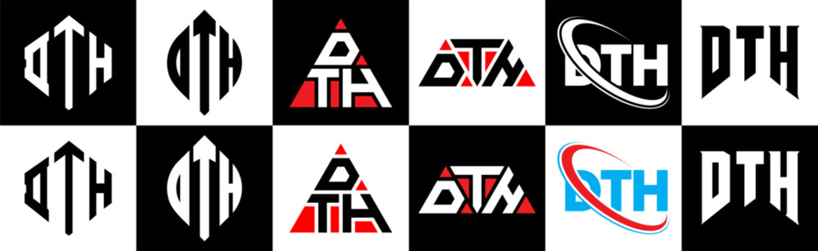DTH letter logo design in six style. DTH polygon, circle, triangle, hexagon, flat and simple style with black and white color variation letter logo set in one artboard. DTH minimalist and classic logo
