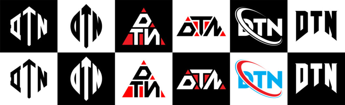 DTN letter logo design in six style. DTN polygon, circle, triangle, hexagon, flat and simple style with black and white color variation letter logo set in one artboard. DTN minimalist and classic logo