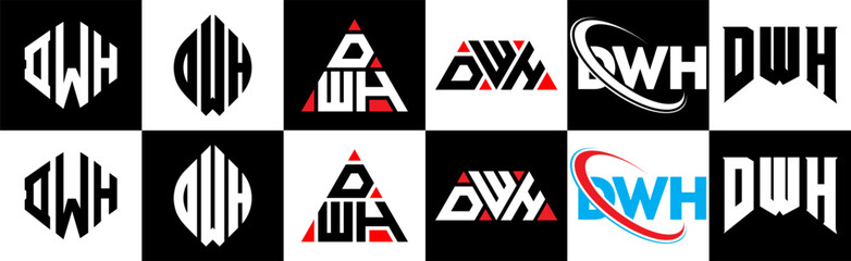 DWH letter logo design in six style. DWH polygon, circle, triangle, hexagon, flat and simple style with black and white color variation letter logo set in one artboard. DWH minimalist and classic logo