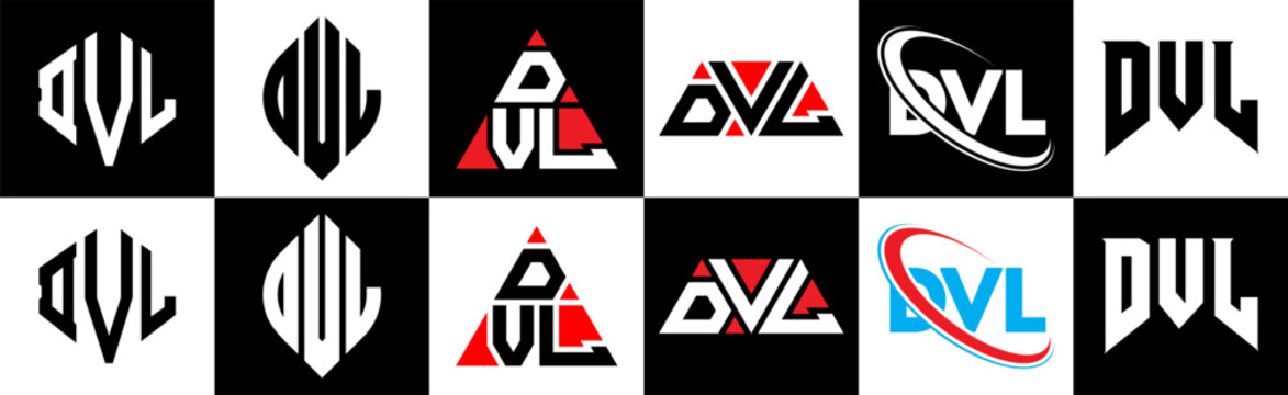 DVL letter logo design in six style. DVL polygon, circle, triangle, hexagon, flat and simple style with black and white color variation letter logo set in one artboard. DVL minimalist and classic logo