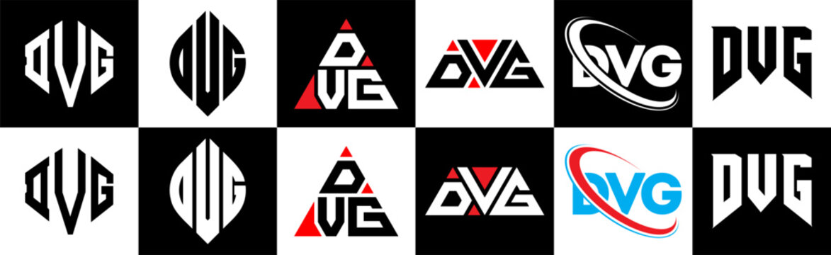 DVG letter logo design in six style. DVG polygon, circle, triangle, hexagon, flat and simple style with black and white color variation letter logo set in one artboard. DVG minimalist and classic logo