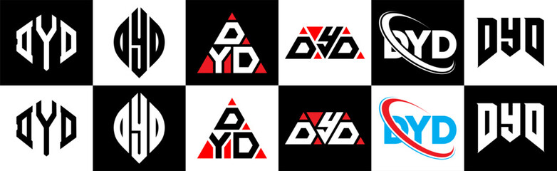 DYD letter logo design in six style. DYD polygon, circle, triangle, hexagon, flat and simple style with black and white color variation letter logo set in one artboard. DYD minimalist and classic logo