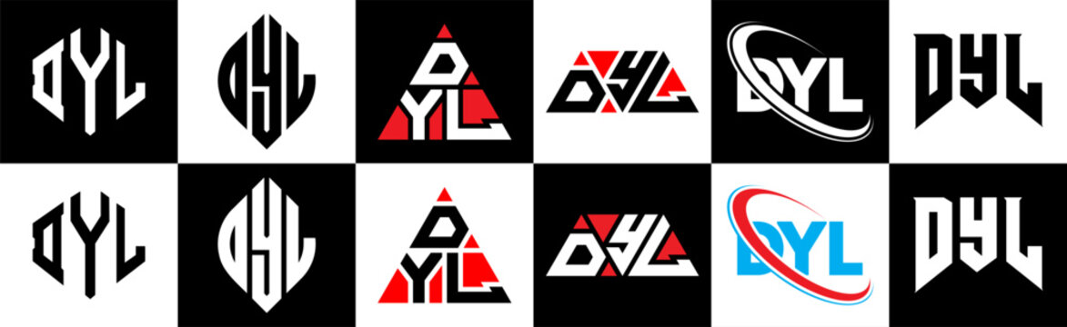 DYL letter logo design in six style. DYL polygon, circle, triangle, hexagon, flat and simple style with black and white color variation letter logo set in one artboard. DYL minimalist and classic logo