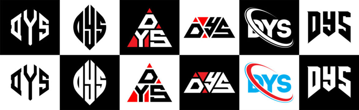 DYS letter logo design in six style. DYS polygon, circle, triangle, hexagon, flat and simple style with black and white color variation letter logo set in one artboard. DYS minimalist and classic logo