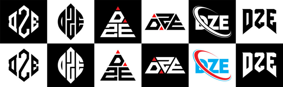 DZE letter logo design in six style. DZE polygon, circle, triangle, hexagon, flat and simple style with black and white color variation letter logo set in one artboard. DZE minimalist and classic logo