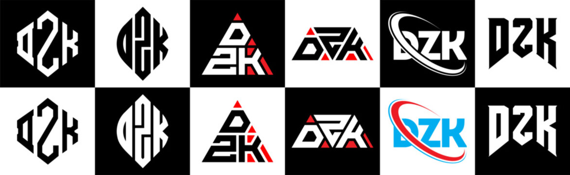 DZK letter logo design in six style. DZK polygon, circle, triangle, hexagon, flat and simple style with black and white color variation letter logo set in one artboard. DZK minimalist and classic logo