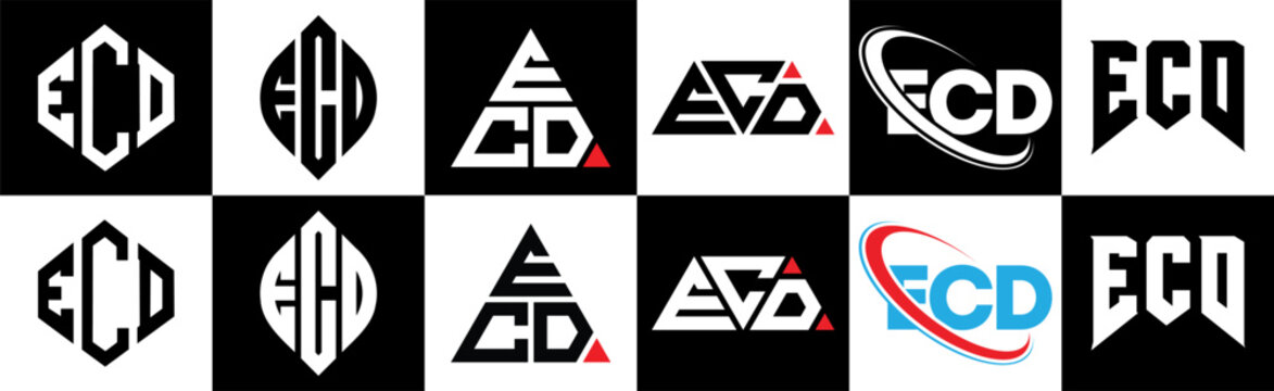 ECD letter logo design in six style. ECD polygon, circle, triangle, hexagon, flat and simple style with black and white color variation letter logo set in one artboard. ECD minimalist and classic logo