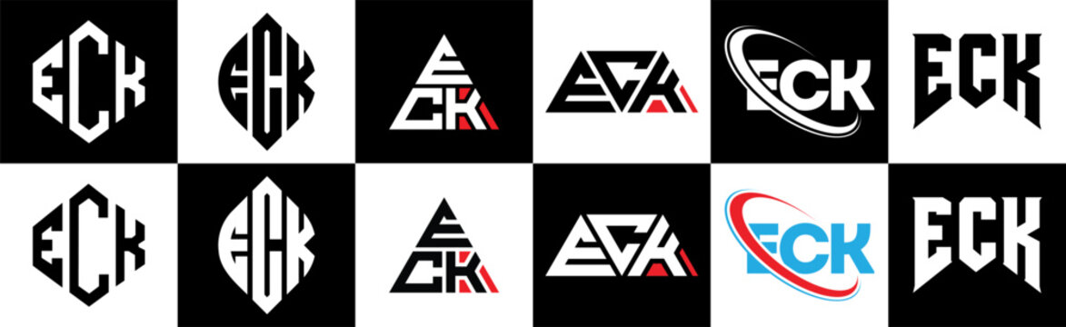 ECK letter logo design in six style. ECK polygon, circle, triangle, hexagon, flat and simple style with black and white color variation letter logo set in one artboard. ECK minimalist and classic logo
