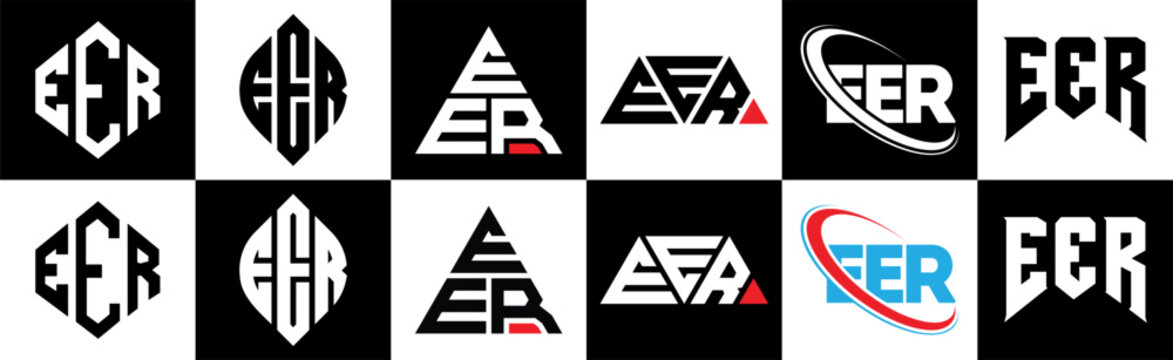 EER letter logo design in six style. EER polygon, circle, triangle, hexagon, flat and simple style with black and white color variation letter logo set in one artboard. EER minimalist and classic logo