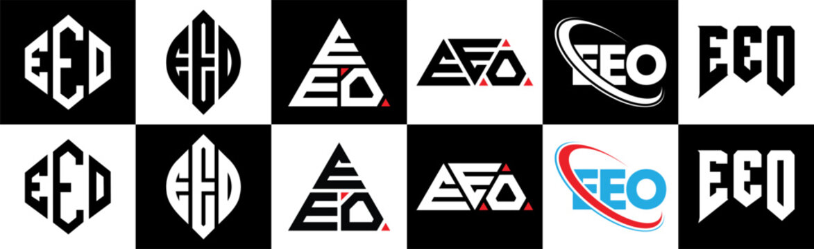 EEO letter logo design in six style. EEO polygon, circle, triangle, hexagon, flat and simple style with black and white color variation letter logo set in one artboard. EEO minimalist and classic logo