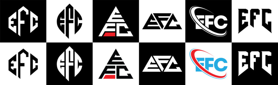 EFC letter logo design in six style. EFC polygon, circle, triangle, hexagon, flat and simple style with black and white color variation letter logo set in one artboard. EFC minimalist and classic logo