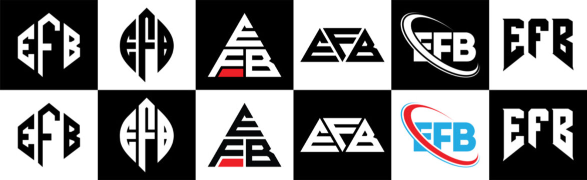 EFB letter logo design in six style. EFB polygon, circle, triangle, hexagon, flat and simple style with black and white color variation letter logo set in one artboard. EFB minimalist and classic logo
