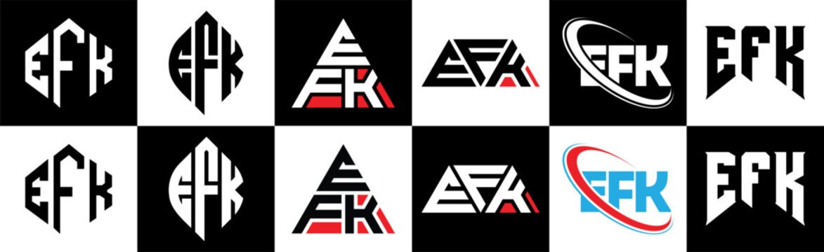 EFK letter logo design in six style. EFK polygon, circle, triangle, hexagon, flat and simple style with black and white color variation letter logo set in one artboard. EFK minimalist and classic logo
