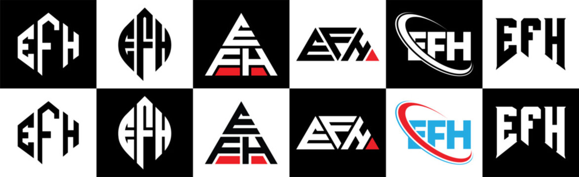 EFH letter logo design in six style. EFH polygon, circle, triangle, hexagon, flat and simple style with black and white color variation letter logo set in one artboard. EFH minimalist and classic logo