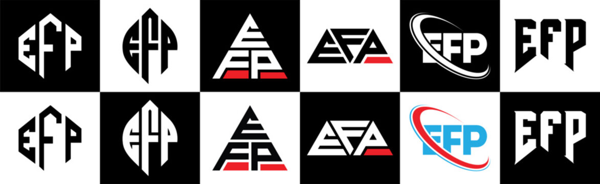 EFP letter logo design in six style. EFP polygon, circle, triangle, hexagon, flat and simple style with black and white color variation letter logo set in one artboard. EFP minimalist and classic logo
