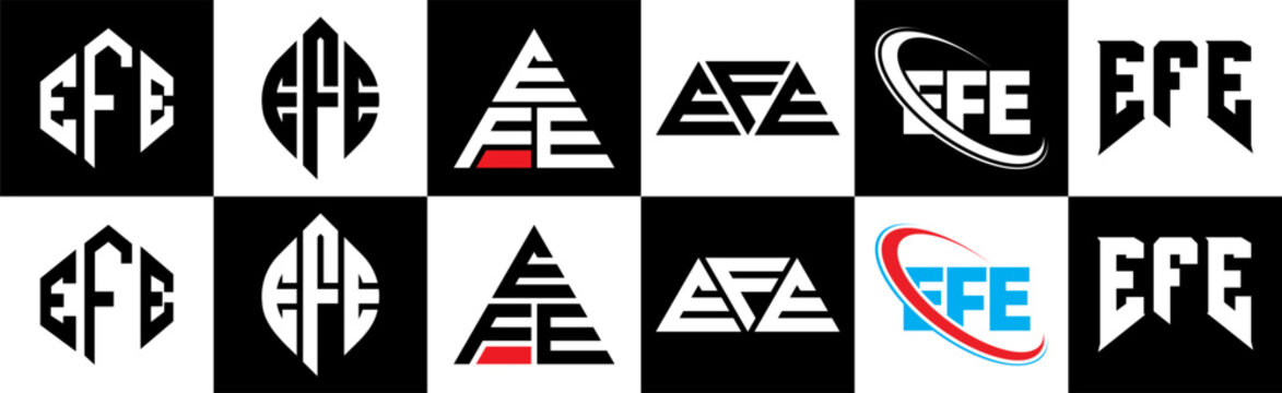 EFE letter logo design in six style. EFE polygon, circle, triangle, hexagon, flat and simple style with black and white color variation letter logo set in one artboard. EFE minimalist and classic logo