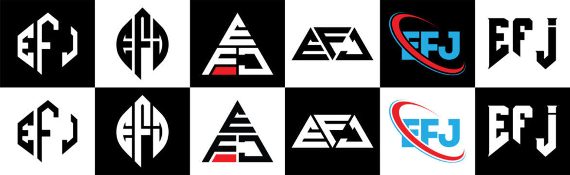 EFJ letter logo design in six style. EFJ polygon, circle, triangle, hexagon, flat and simple style with black and white color variation letter logo set in one artboard. EFJ minimalist and classic logo