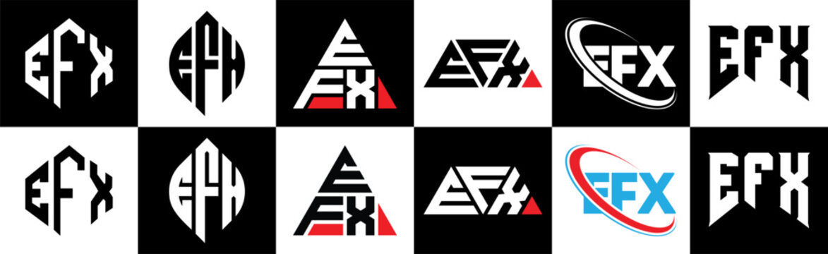 EFX letter logo design in six style. EFX polygon, circle, triangle, hexagon, flat and simple style with black and white color variation letter logo set in one artboard. EFX minimalist and classic logo