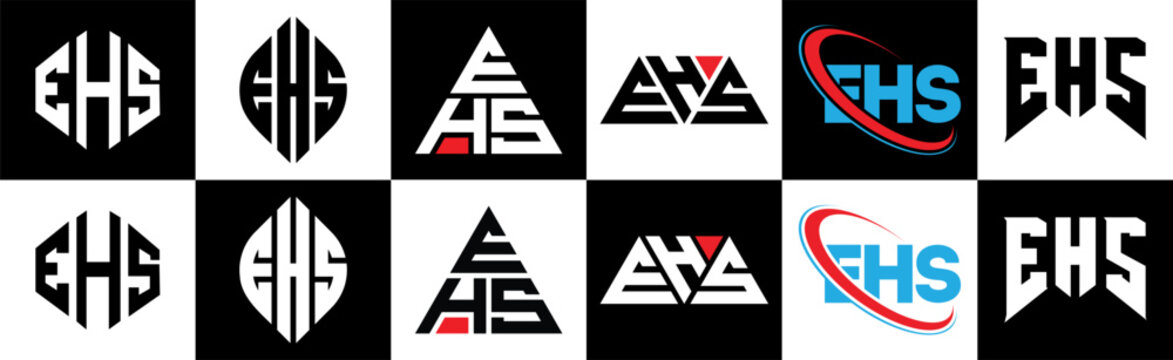 EHS letter logo design in six style. EHS polygon, circle, triangle, hexagon, flat and simple style with black and white color variation letter logo set in one artboard. EHS minimalist and classic logo