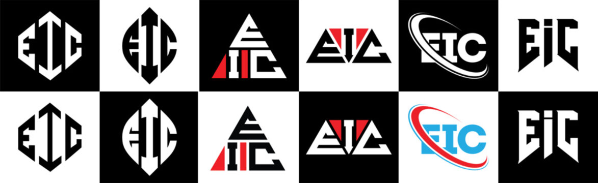 EIC letter logo design in six style. EIC polygon, circle, triangle, hexagon, flat and simple style with black and white color variation letter logo set in one artboard. EIC minimalist and classic logo