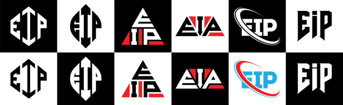 EIP letter logo design in six style. EIP polygon, circle, triangle, hexagon, flat and simple style with black and white color variation letter logo set in one artboard. EIP minimalist and classic logo