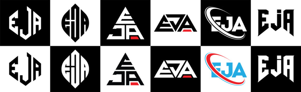 EJA letter logo design in six style. EJA polygon, circle, triangle, hexagon, flat and simple style with black and white color variation letter logo set in one artboard. EJA minimalist and classic logo