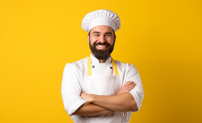 Baker man wearing baker hat, arms crossed and  smiling isolated on yellow background  - obrazy, fototapety, plakaty