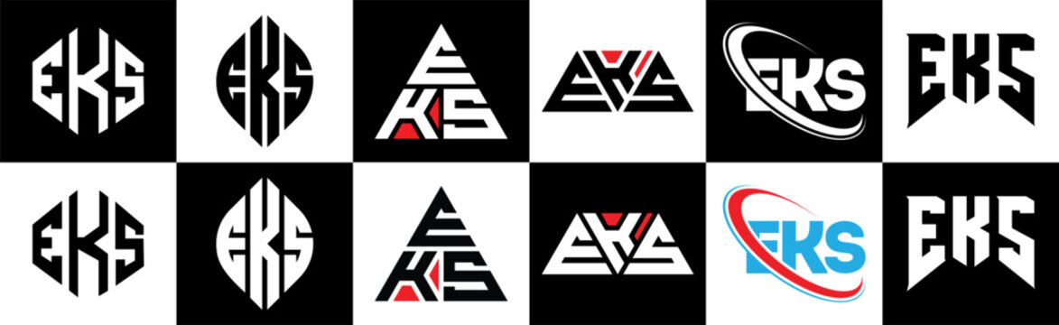 EKS letter logo design in six style. EKS polygon, circle, triangle, hexagon, flat and simple style with black and white color variation letter logo set in one artboard. EKS minimalist and classic logo
