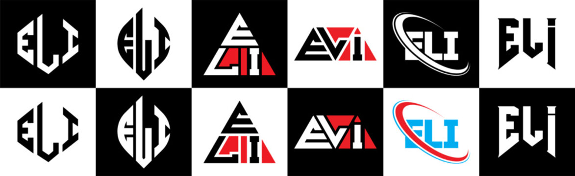 ELI letter logo design in six style. ELI polygon, circle, triangle, hexagon, flat and simple style with black and white color variation letter logo set in one artboard. ELI minimalist and classic logo