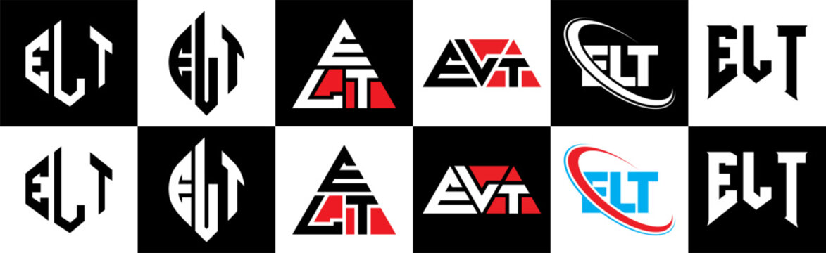 ELT letter logo design in six style. ELT polygon, circle, triangle, hexagon, flat and simple style with black and white color variation letter logo set in one artboard. ELT minimalist and classic logo